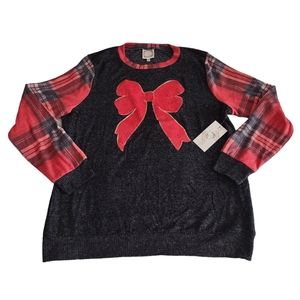 NWT Tru Self 1X Red Beaded Bow Graphic Plaid Soft Knit Top